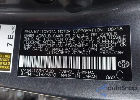 2018 Toyota Prius Prime Plus из США, поврежденный, VIN JTDKARFP7J3095221